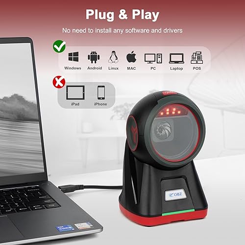 Miniatura 6 de Escáner de código de barras 2D QR manos libres, lector de código de barras automático omnidireccional, lector de código de barras 2D para Android,