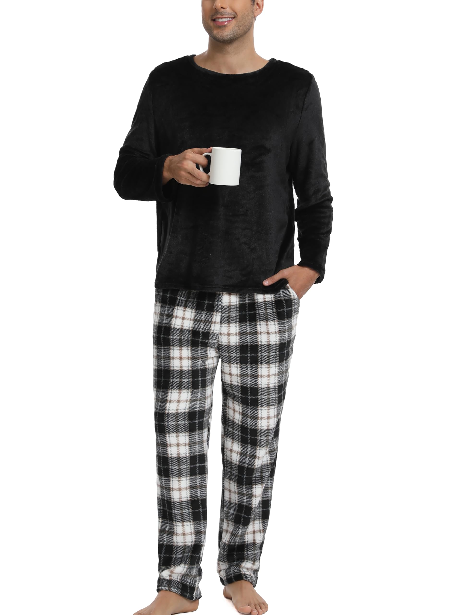 Pyjama Polaire Homme Velours Ensemble Thermique Hiver Chaud Hauts de Pyjama Manches Longues Col Rond Vêtements d'Intérieur Plaid Carreaux Vêtements de Nuit Grande Taille Douce Confortable M-3XL