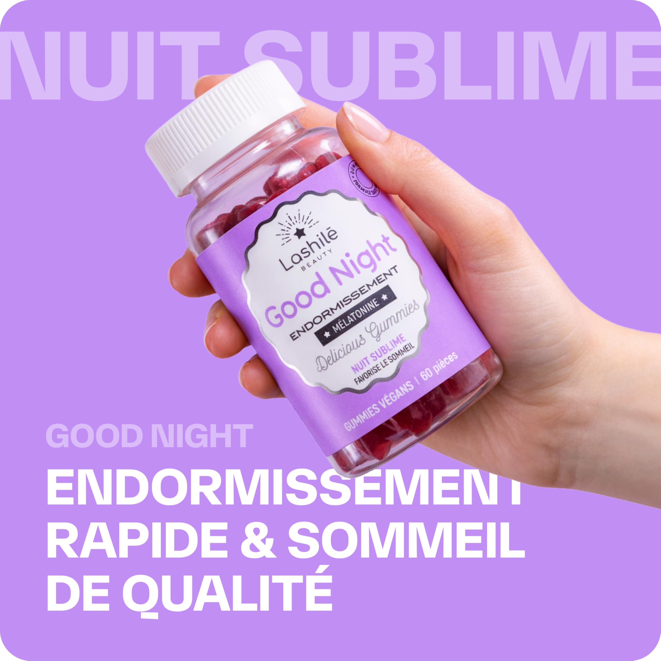 Lashilé Beauty - Gummies Sommeil Adulte - Favorise l'Endormissement et la Qualité du Sommeil - Good Night - Complement alimentaire - Mélatonine 1,9mg, Valériane - Cure 1 Mois 60 Gummies