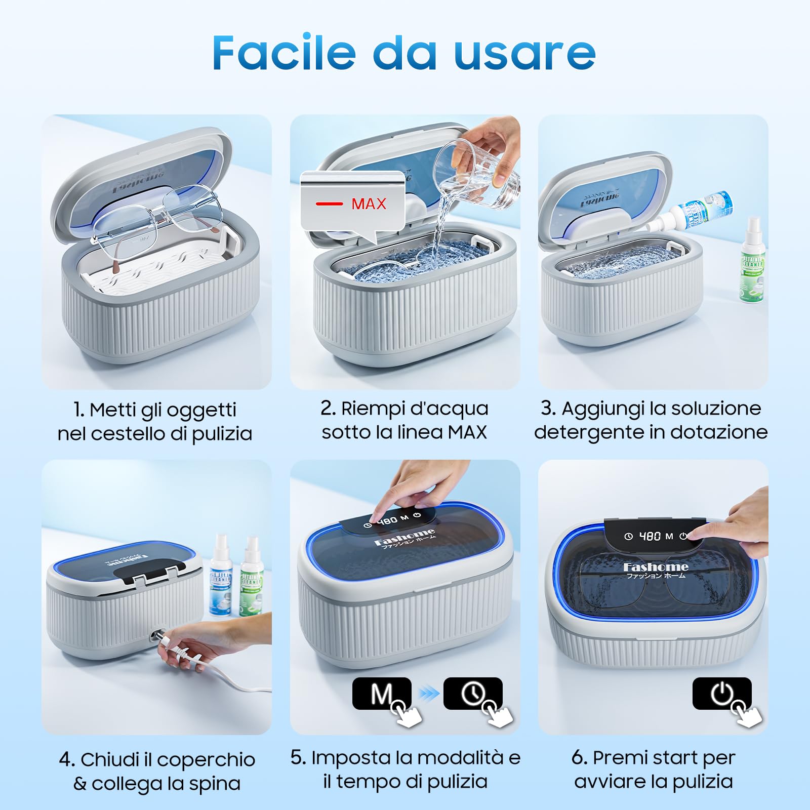 Fashome Pulitore Ultrasuoni con 2 flaconi di liquido detergente da 100 ml | 45 kHz, 3 modalità, serbatoio in acciaio inox da 550 ml, per gioielli, occhiali, orologi e protesi dentali, cestino per la