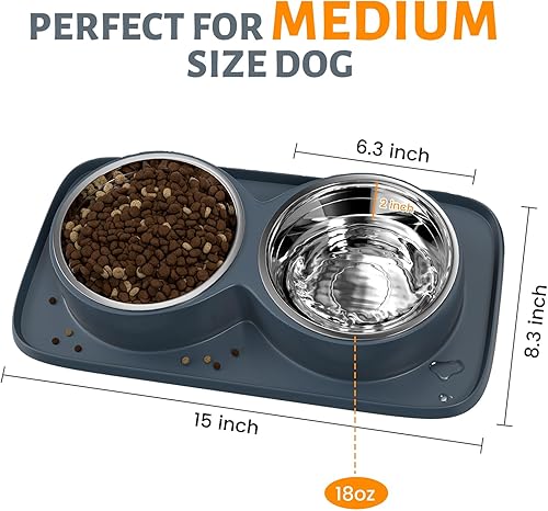 Miniatura 2 de Cuenco de comida para perros con paspartú, doble sin derrames, sin ensuciar, de acero inoxidable, fácil de limpiar, diseño antideslizante, perfecto