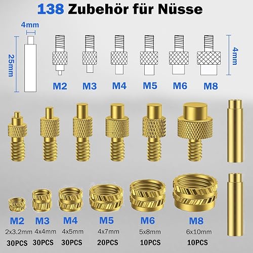 Insert Fileté Impression 3d, Kit D'insertion De Filetage, Wiecok Embouts à Souder Pour Inserts Taraudés, 130 Pièces Inserts Taraudés M2/M3/M4/M5/M6/M8, Pour Composants d'Impression 3D - 6