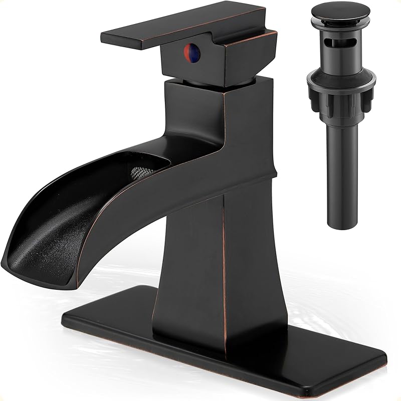 Brass Bathroom Waterfall Faucet, Oil Rubbed Bronze Bathroom Faucet 1 Hole or 3 Holes (4 Inch), Single Handle with Deck Plate, Pop-Up Drain & Water Hoses for RV Vanity Farmhouse, 5 Mins Install
