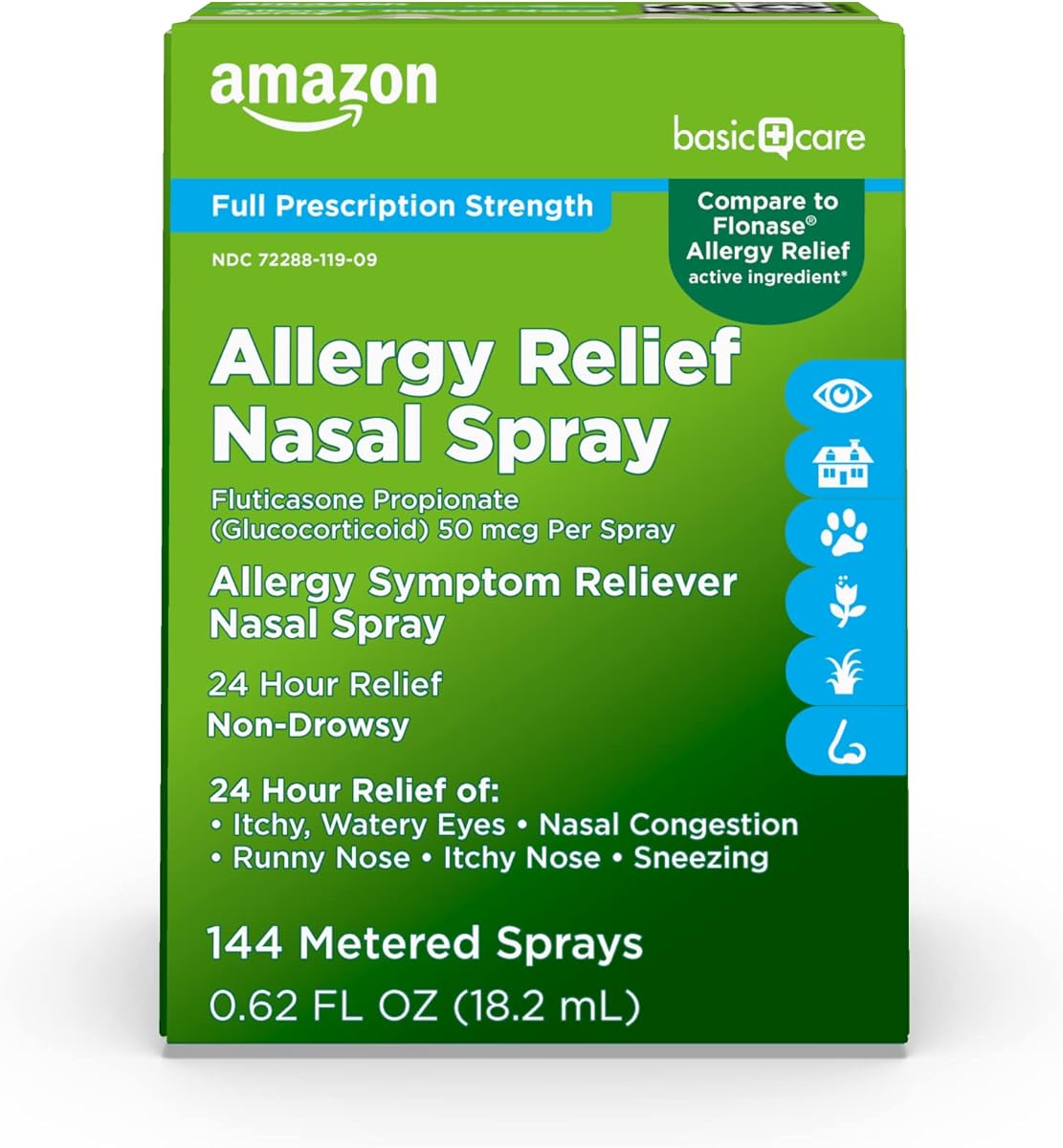 Amazon Basic Care 24-Hour Allergy Relief Nasal Spray, Fluticasone Propionate (Glucocorticoid), 50 mcg, Full Prescription Strength, Non-Drowsy, 0.62 Fl Oz