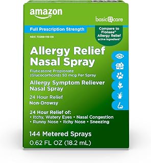 Amazon Basic Care Fluticasone Propionate Nasal Spray: 24-Hour Allergy Relief, 50 mcg Prescription Strength, Non-Drowsy, 0.62 fl oz