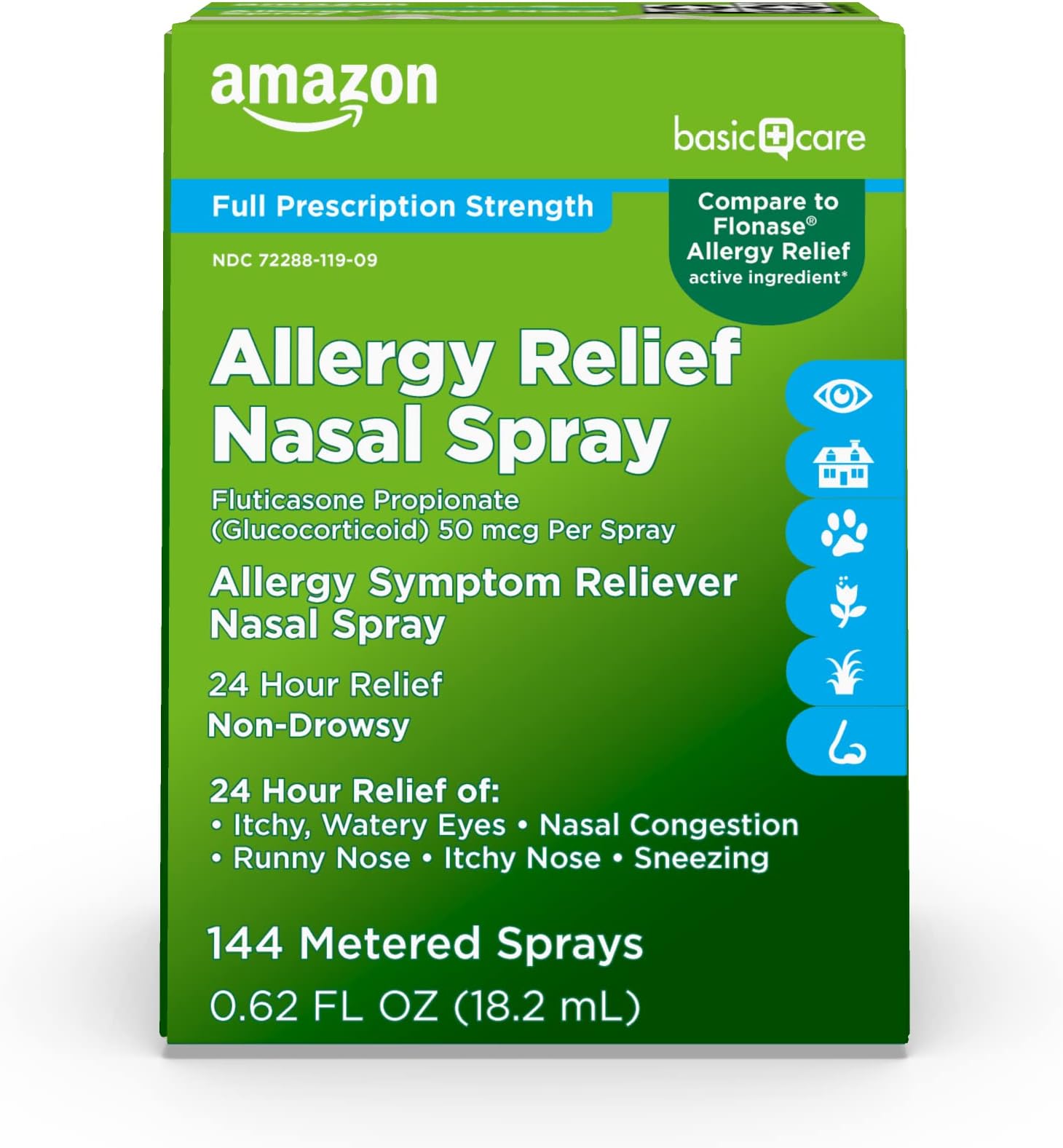 Amazon Basic Care 24-Hour Allergy Relief Nasal Spray, Fluticasone Propionate (Glucocorticoid), 50 mcg, Full Prescription Strength, Non-Drowsy, 0.62 Fl Oz