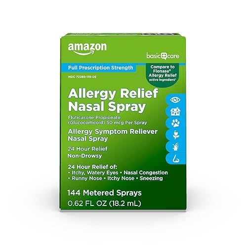 Amazon Basic Care 24-Hour Allergy Relief Nasal Spray, Fluticasone Propionate (Glucocorticoid), 50 mcg, Full Prescription Strength, Non-Drowsy, 0.62 fl oz (Pack of 1) - 0.62 Fl Oz (Pack of 1)
