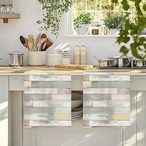 Miniatura 3 de Kitchen Towels Set of 4 Sage Green Wood Grain Dish Towels and Dishcloths Sets Decorative Tea Towel Rustic Retro Wooden Absorbent Hand Towels for