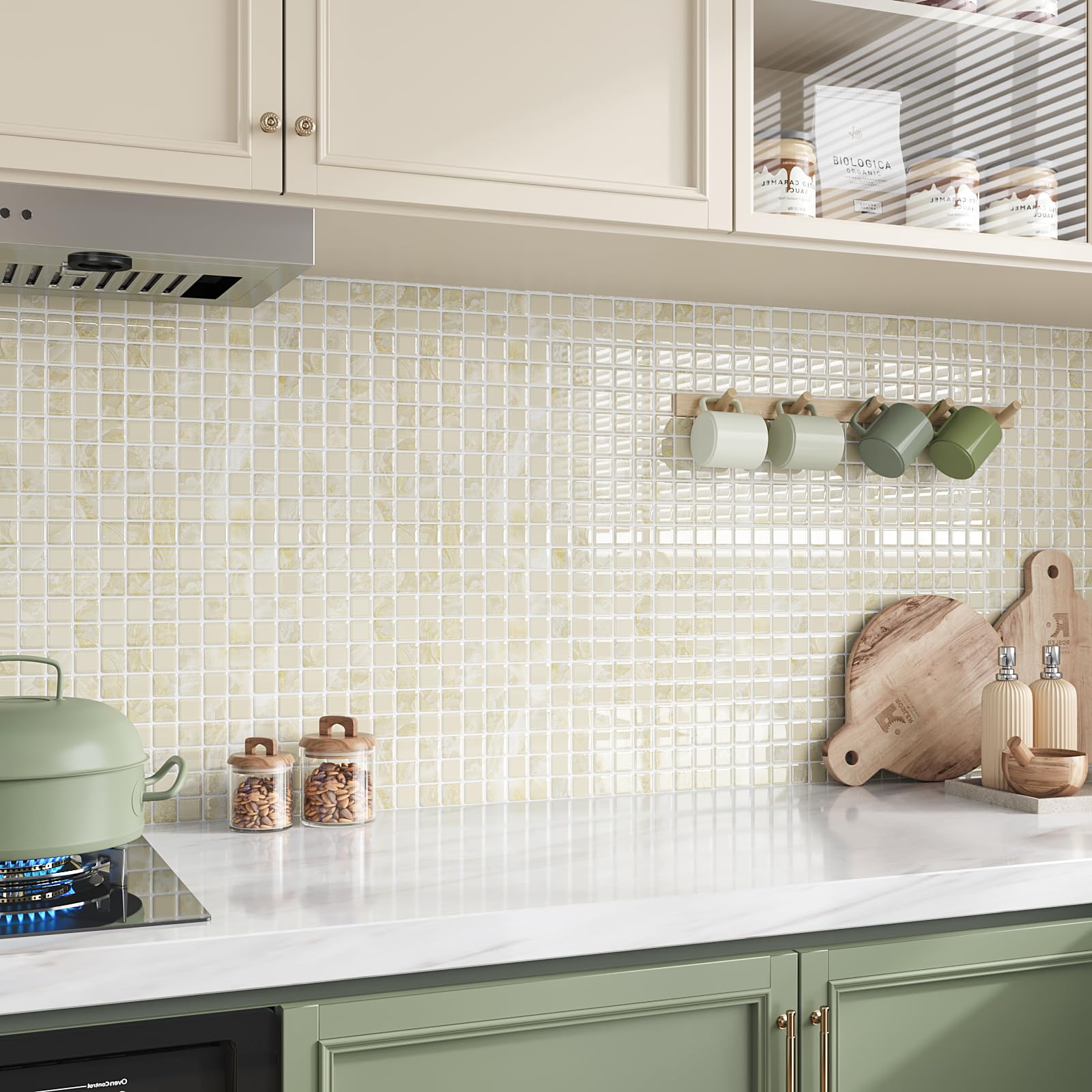 VEELIKE 12 fogli di piastrelle color crema beige con mosaico per paraschizzi e paraschizzi, per cucina e bagno, impermeabili, adatte per affittuari, paraschizzi, paraschizzi, per pareti della cucina,