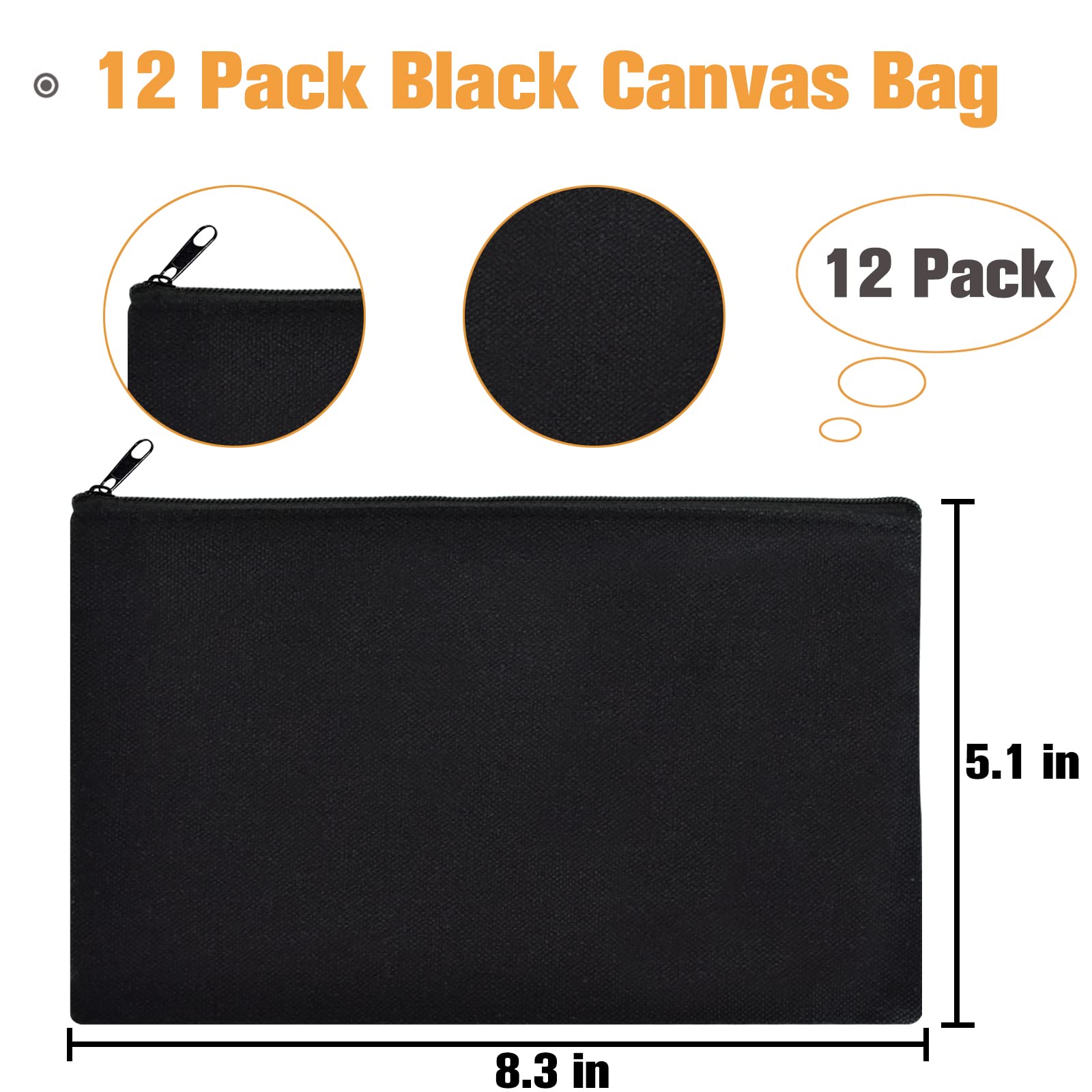 ZeeDix 12 Pieces Canvas Zipper Pouch Bulk, 8.3 x 5 inches DIY Craft Makeup Travel Cosmetic Pouch Multipurpose Bulk Toiletry Blank Stationery Black Cotton Canvas Bag with Zipper