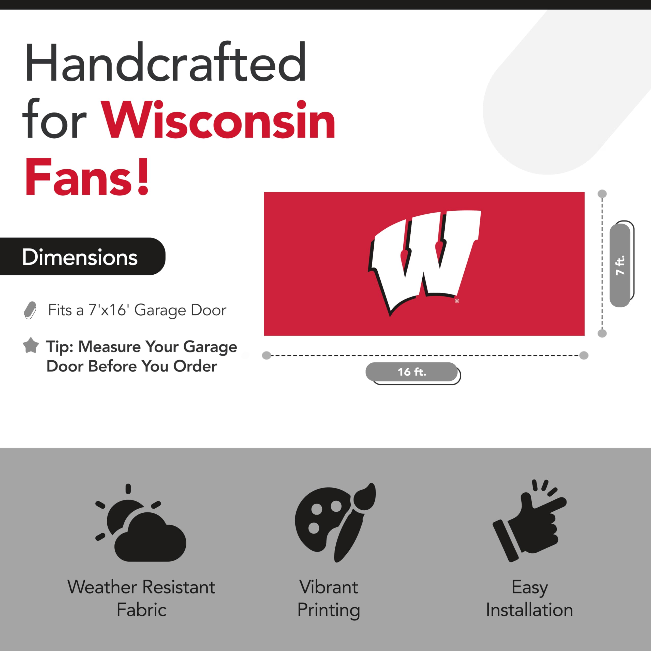 Victory Corps - Wisconsin Badgers College Sports Printed Garage Door Banner - NCAA Licensed - Tension Polyester 7' x 16' School Banner (Red, White)