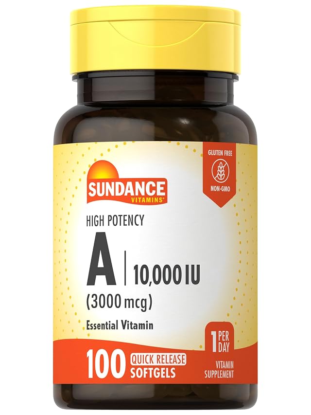 Sundance High Potency Vitamin A Softgels 3000mcg 100 Count Essential Vitamin Non-GMO and Gluten Free Supplement