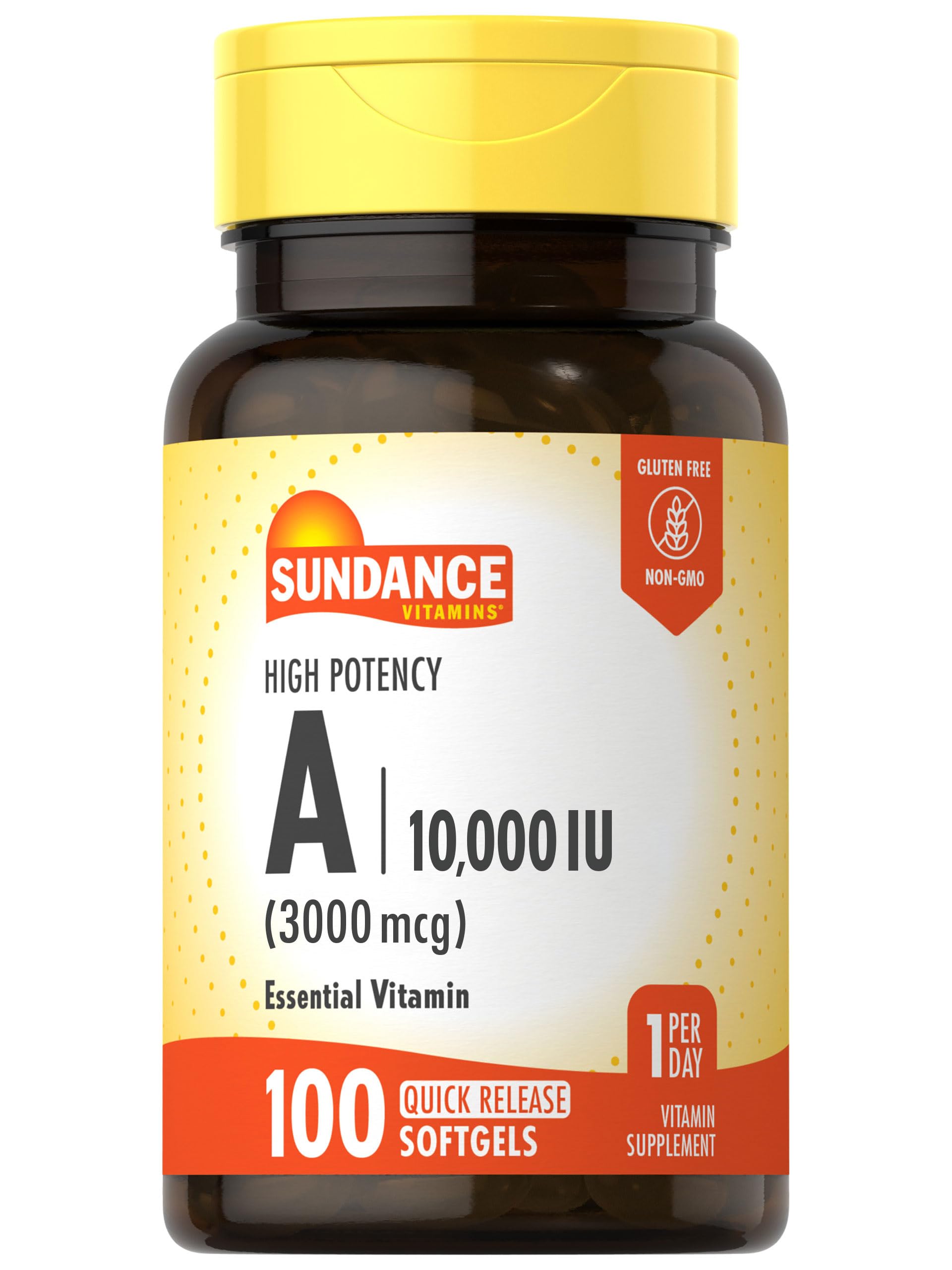 Sundance High Potency Vitamin A Softgels 3000mcg 100 Count Essential Vitamin Non-GMO and Gluten Free Supplement