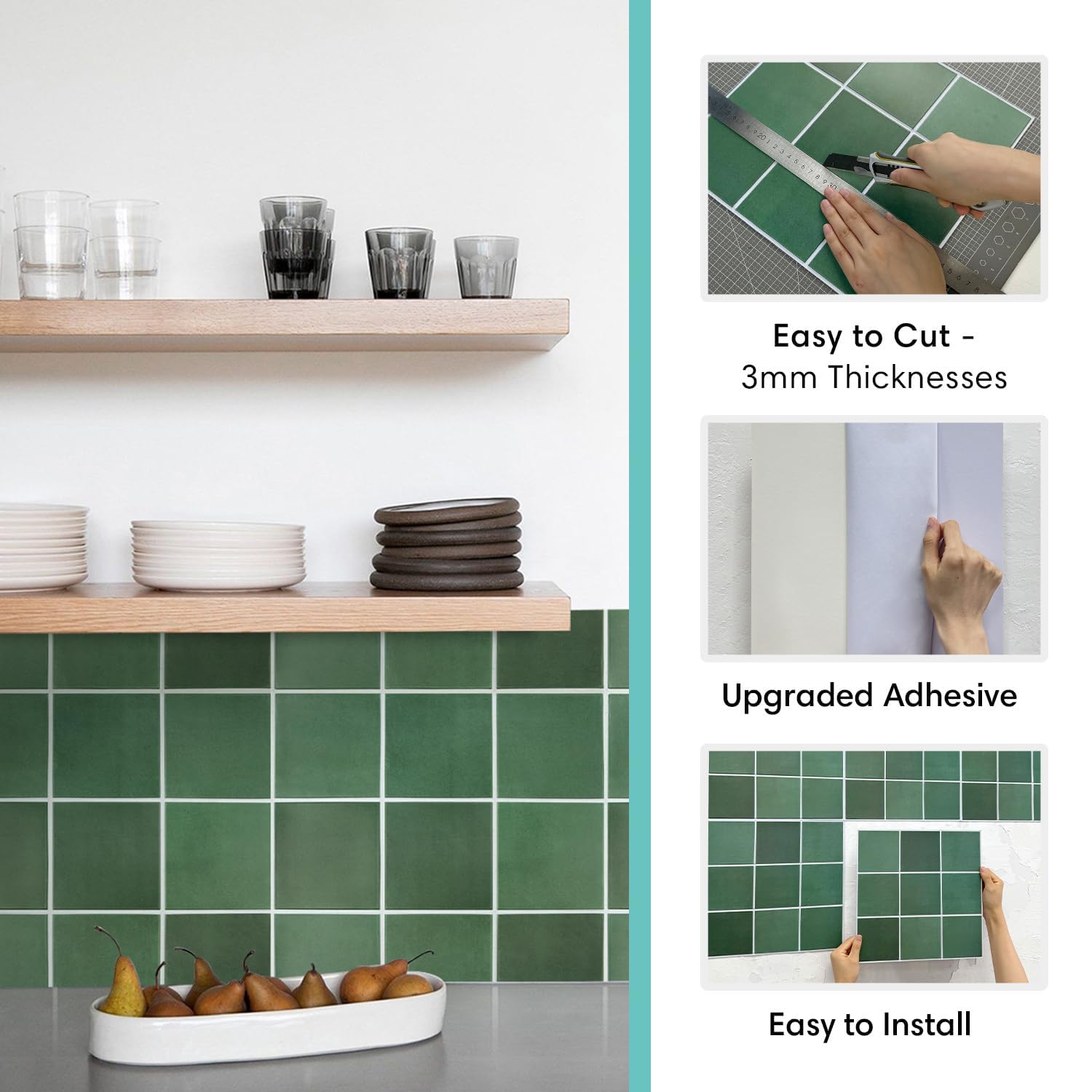 Commomy Lot De 10 Carreaux Muraux 3D Autocollants, Carrelage Adhesif Mural, Credence Adhesive Pour Cuisine, Salle De Bain, Chambre à Coucher, Décoration Murale, 30 X 30 Cm, Vert Dégradé