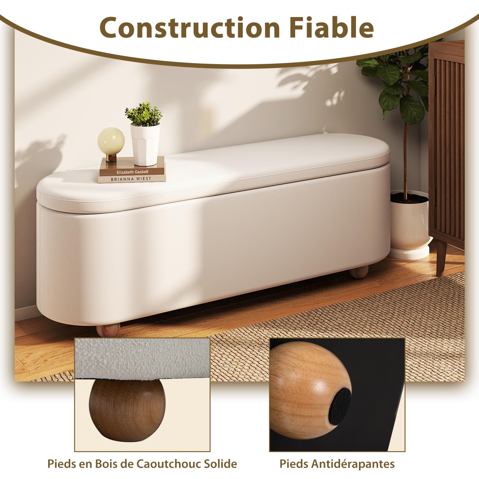 COSTWAY Banc de Rangement 150 L, Pieds en Bois d'Hévéa, Banc Bout de Lit, Patins Antidérapants, Banquette Coffre pour Chambre Salon Entrée, Charge 300 kg, 139 x 40,5 x 48,5 cm, Blanc