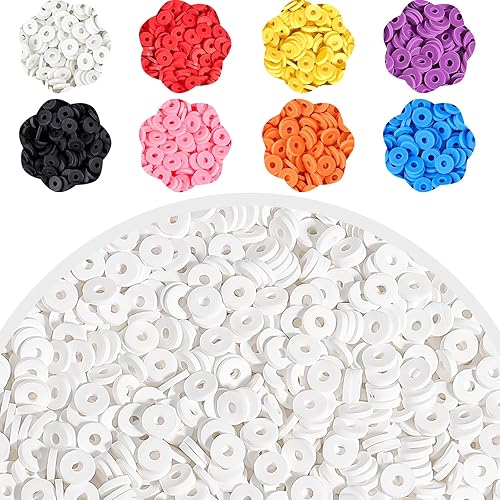 Gushu Juego de 4000 cuentas de arcilla blanca para hacer pulseras, cuentas Heishi planas redondas de polímero para hacer joyas, collares, aretes