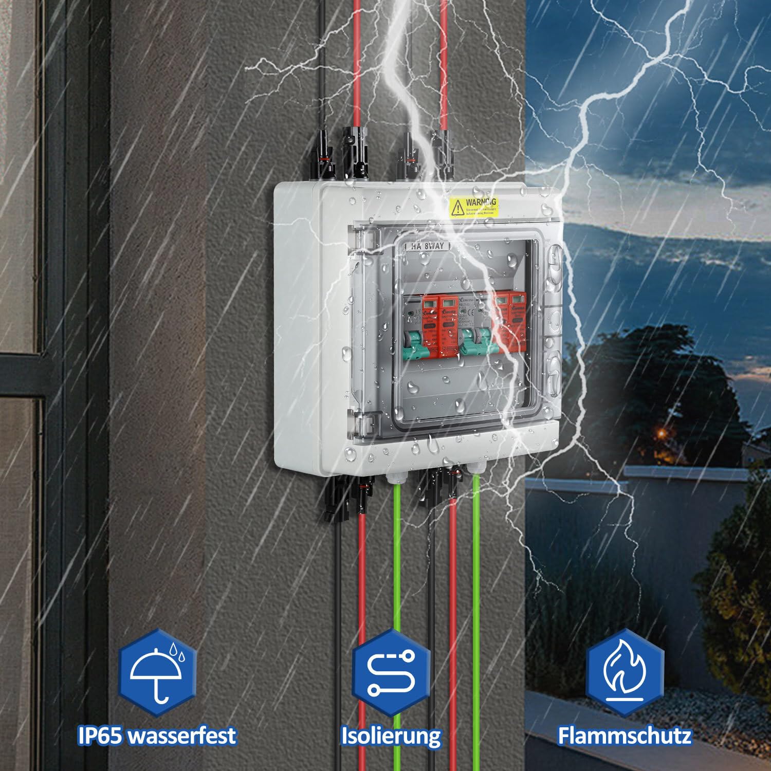 Photovoltaik Überspannungsschutz pv 2-String Kombigerät, 1000V 32A DC, IP65 wasserdicht, mit DC-Leitungsschutzschalter und Blitzschutz für PV-Anlage