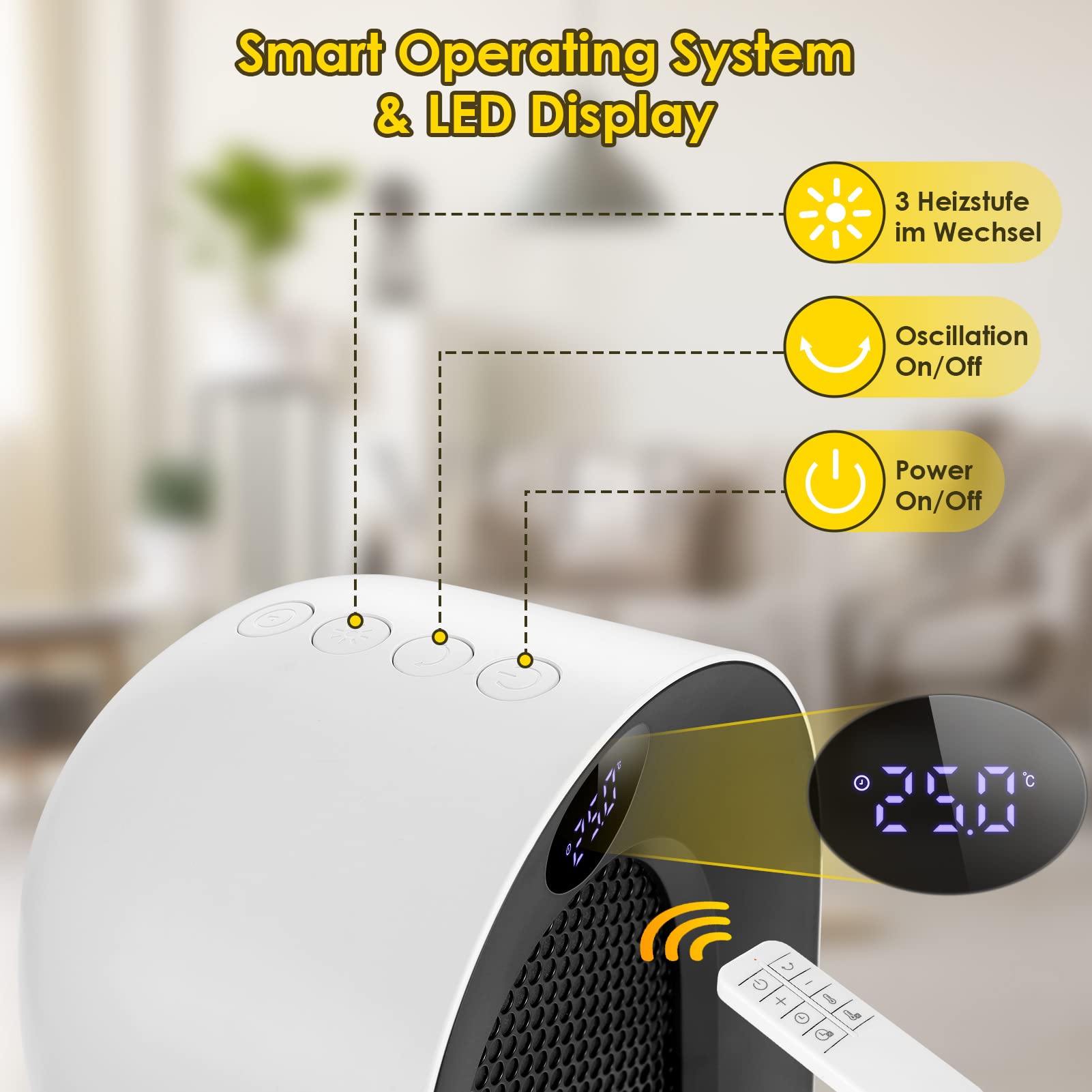 Calentador de ventilador de cerámica, 2000 W, 3 modos, termostato, temporizador de 12 horas, protección contra inclinaciones, 100° oscilante para hogar y oficina, pantalla pequeña