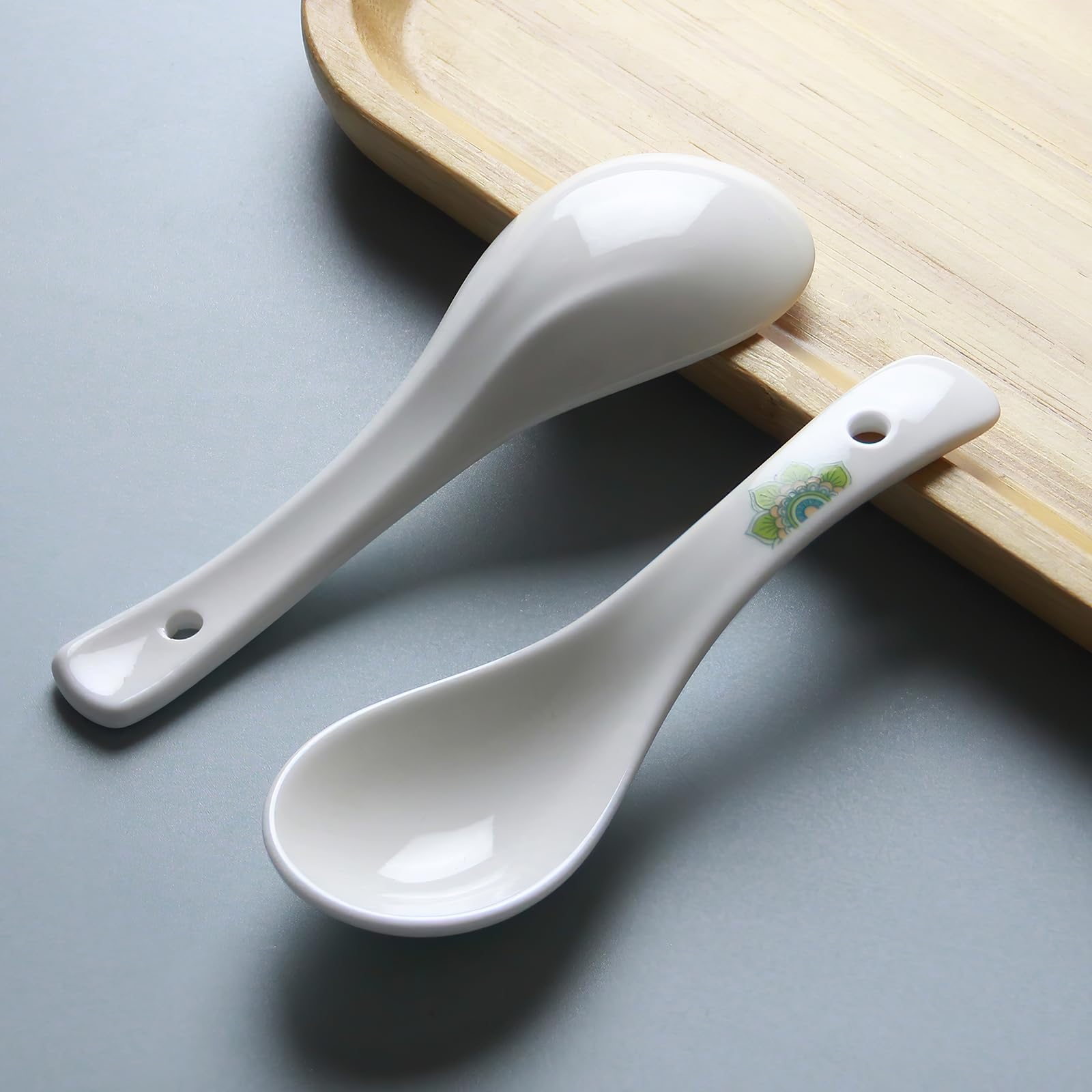 Suppenlöffel, 14 cm, asiatische Suppenlöffel, Keramik, chinesische Suppenlöffel, weiße Keramik, Dessertlöffel, Reislöffel für Ramen, Pho Wonton, Knödel, Miso, spülmaschinen- und ofenfest, 6