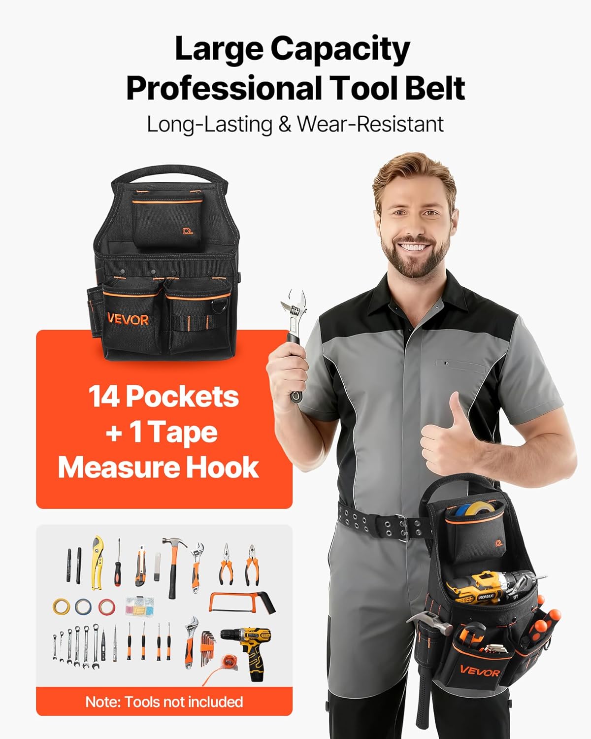 VEVOR Tool Pouch with Belt, 14 Pockets Professional Tool Belt Pouch for Men, Heavy Duty Detachable Adjustable Utility Work Bag for Electrician, Carpenter, Construction, Adjusts Waist 32 to 50 Inches