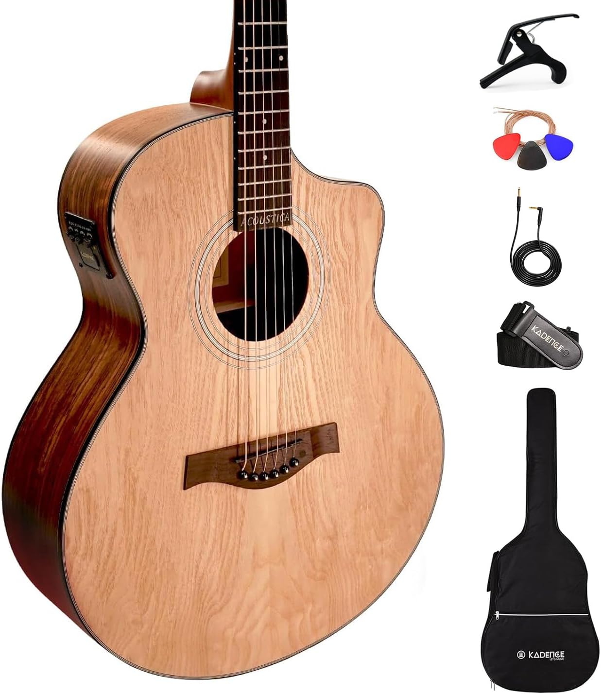 Electric Acoustic Guitar A06EQN (Ash Wood) - Semi Acoustic Guitar with Pickup, Inbuilt Tuner, Capo, Strings, Picks, Strap, Cable and Padded bag - Electro Guitars for Beginners & Professionals