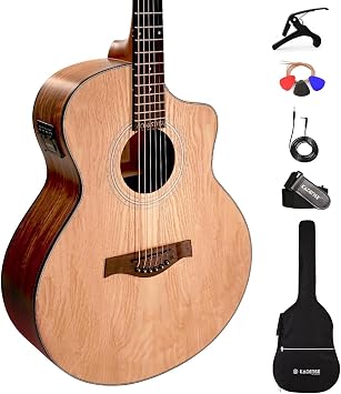 Kadence A06EQ-N-SC Acoustica 40" Electro Acoustic Guitar | Grand Auditorium Cutaway | Ash Wood | Built-in Pickup + 2 Band EQ | Includes Bag, Capo, Strap, Picks, Strings & Learning Course | Natural