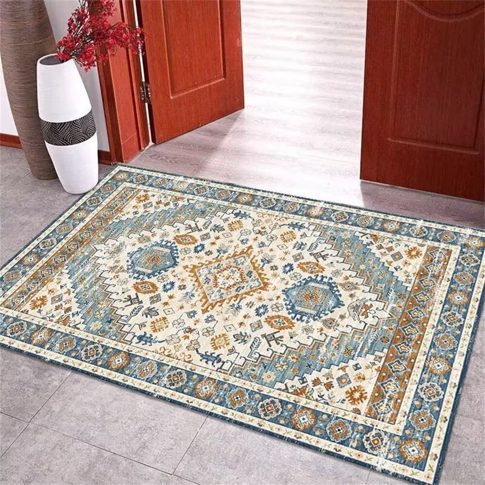 Tapis chambre garçon bleu floral rétro pour créer un coin de jeu cosy