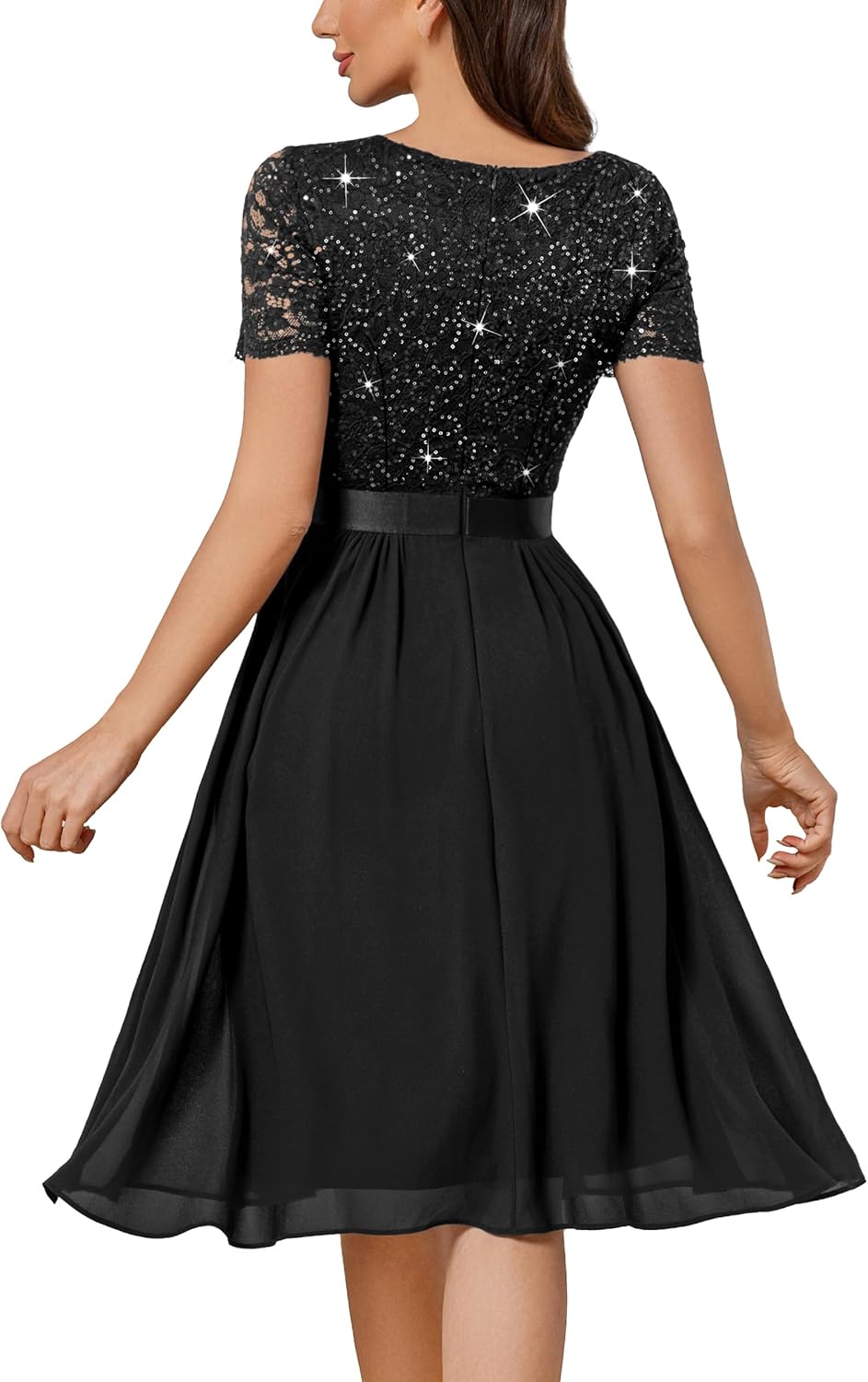 Miusol Women's V-Neck Sparkling Sequin Short Sleeves Empire Waist Cocktail Prom Dress