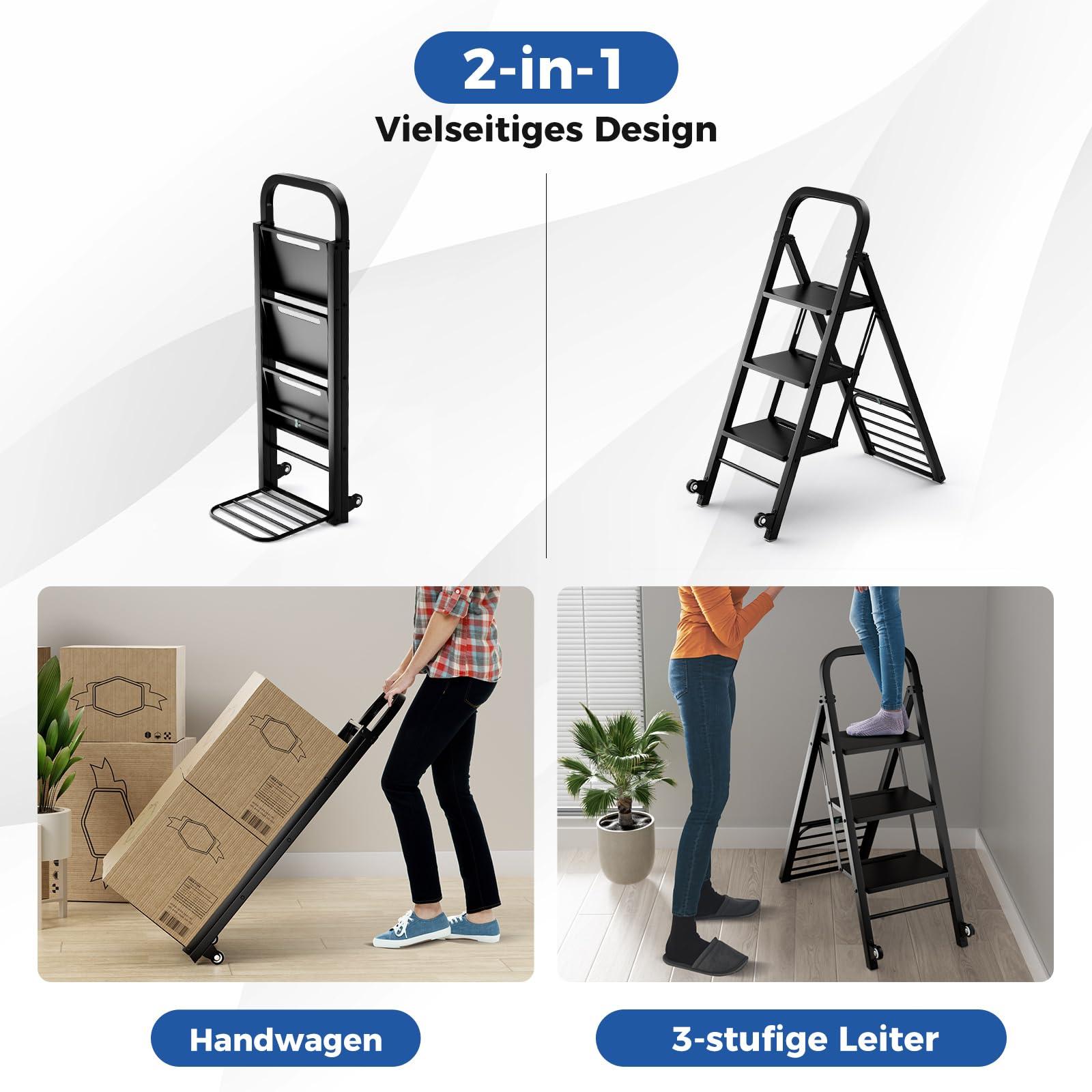 COSTWAY 2 in 1 Sackkarre & Trittleiter klappbar, 2 Räder Handwagen, Transportkarre Metall umwandelbar, Ladefläche 30 x 37cm, Karre bis 250kg / Leiter bis 200kg belastbar, schwarz
