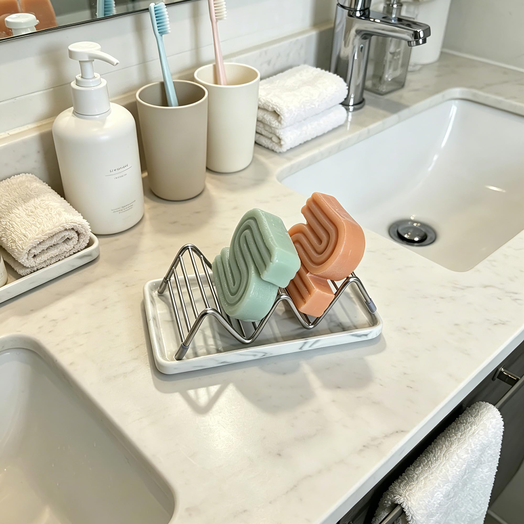 Jabonera, barra de ducha autodrenante de acero inoxidable con bandeja de cerámica, ahorrador de jabón estilo W para baño, fregadero, cocina y encimera (textura gris)