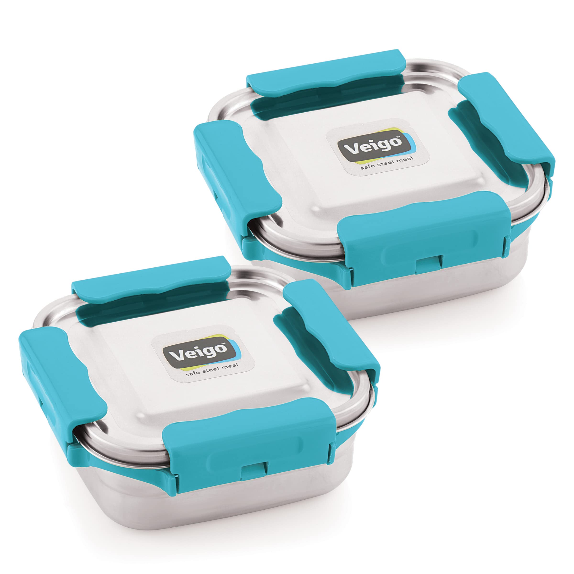 Veigo Premium Finish Maxo Series Stainless Steel Medium Airtight Leak-Proof Lunch Box for Office, School, Picnic, 450 ml, Set of 2 - Sky Blue
