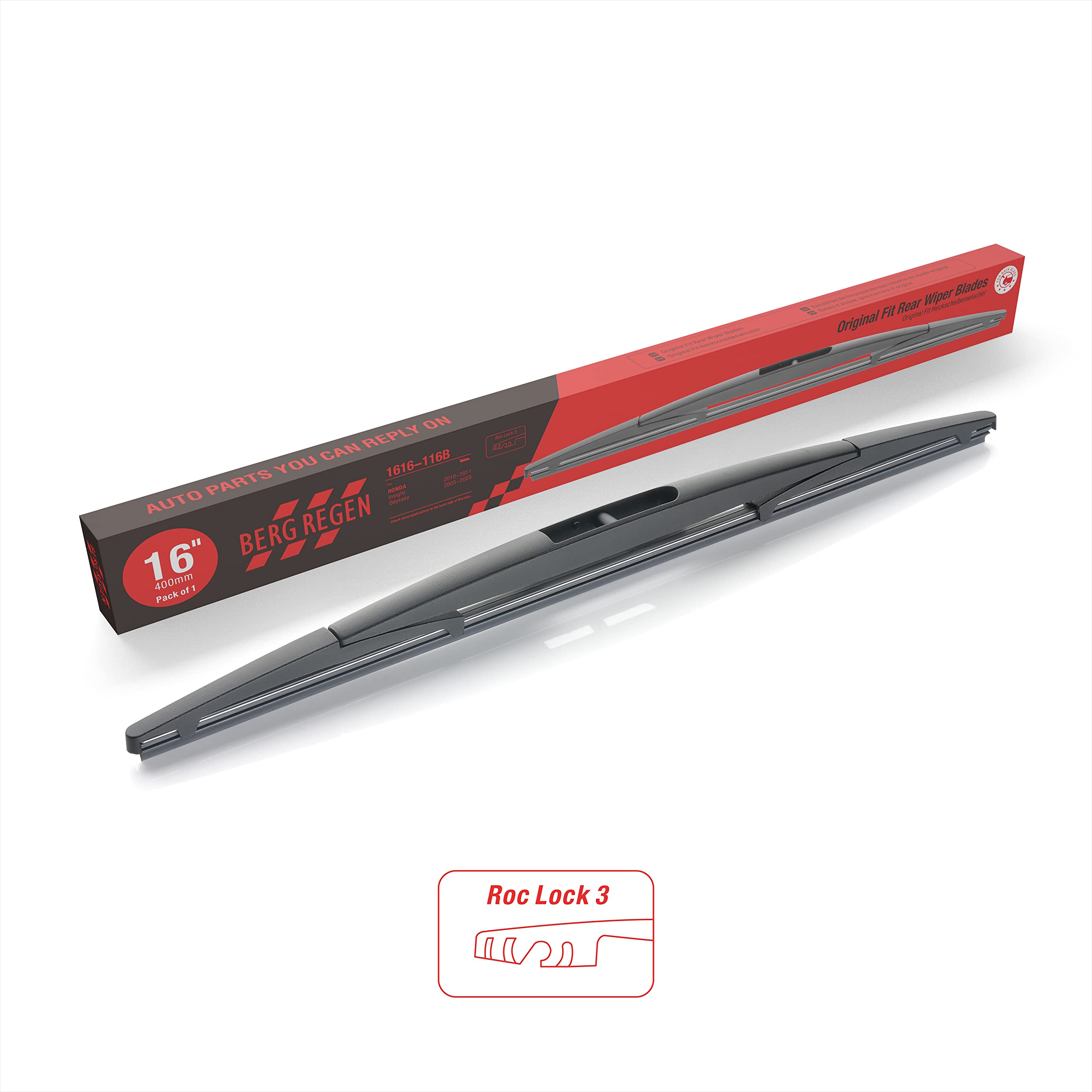 BERG REGENBERG REGEN Rear Wiper Blades 16 inch (16-B), Replacement For Odyssey 2022-2005, Insight 11-10, Passport 22-19, Forester 05-04, Impreza 11-09, 04, Outback 22-20, Back Windshield +More Cars