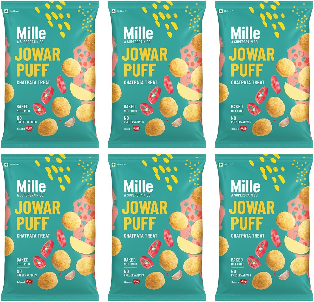 Mille Jowar Puffs Chatpata Treat | 36% Millets | Baked | No Palm Oil | 0 Preservatives | Healthy Millet Snacks | Naturally Gluten Free | 35g x 6