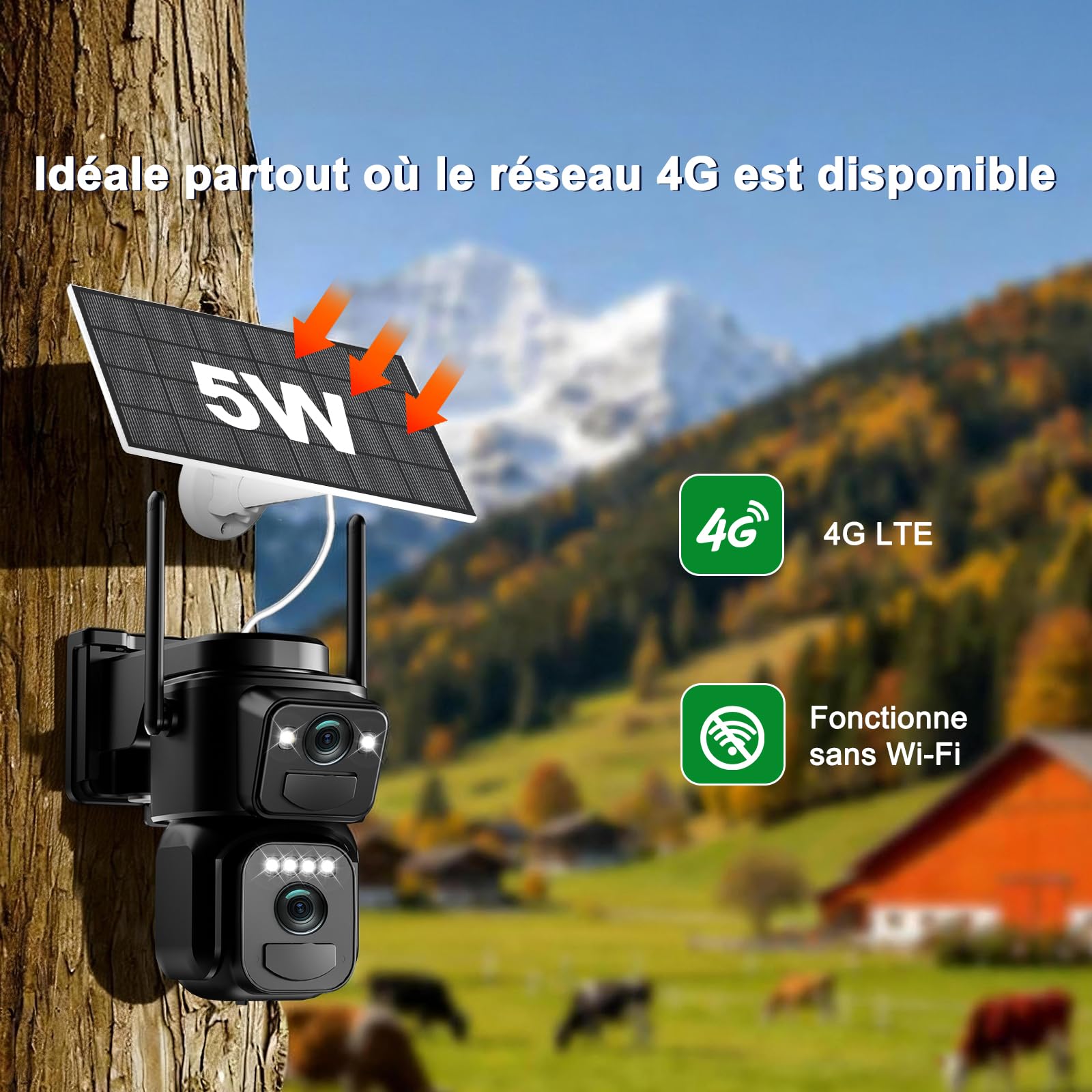 4K Telecamera da Esterno Senza Fili con SIM 4G LTE,con Pannello Solare | Doppio Obiettivo,AOV 24/7,Audio Bidirezionale,Videocamera Sorveglianza,Visione Notturna a Colori,Rilevamento Umano PIR,IP66