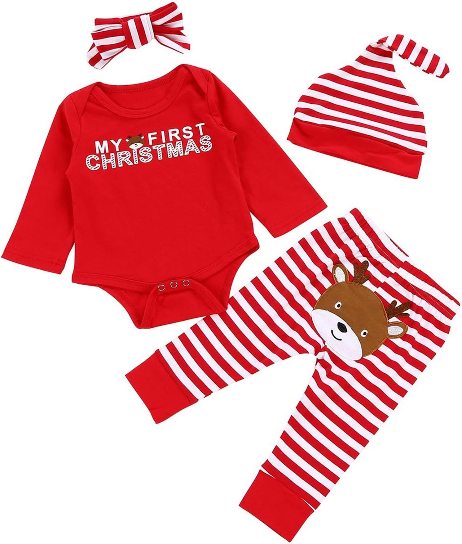 Von kilizo Baby Girl's and Baby Boy's My First Christmas Rompers Christmas 4Pcs Outfit Set (6-12 Months)