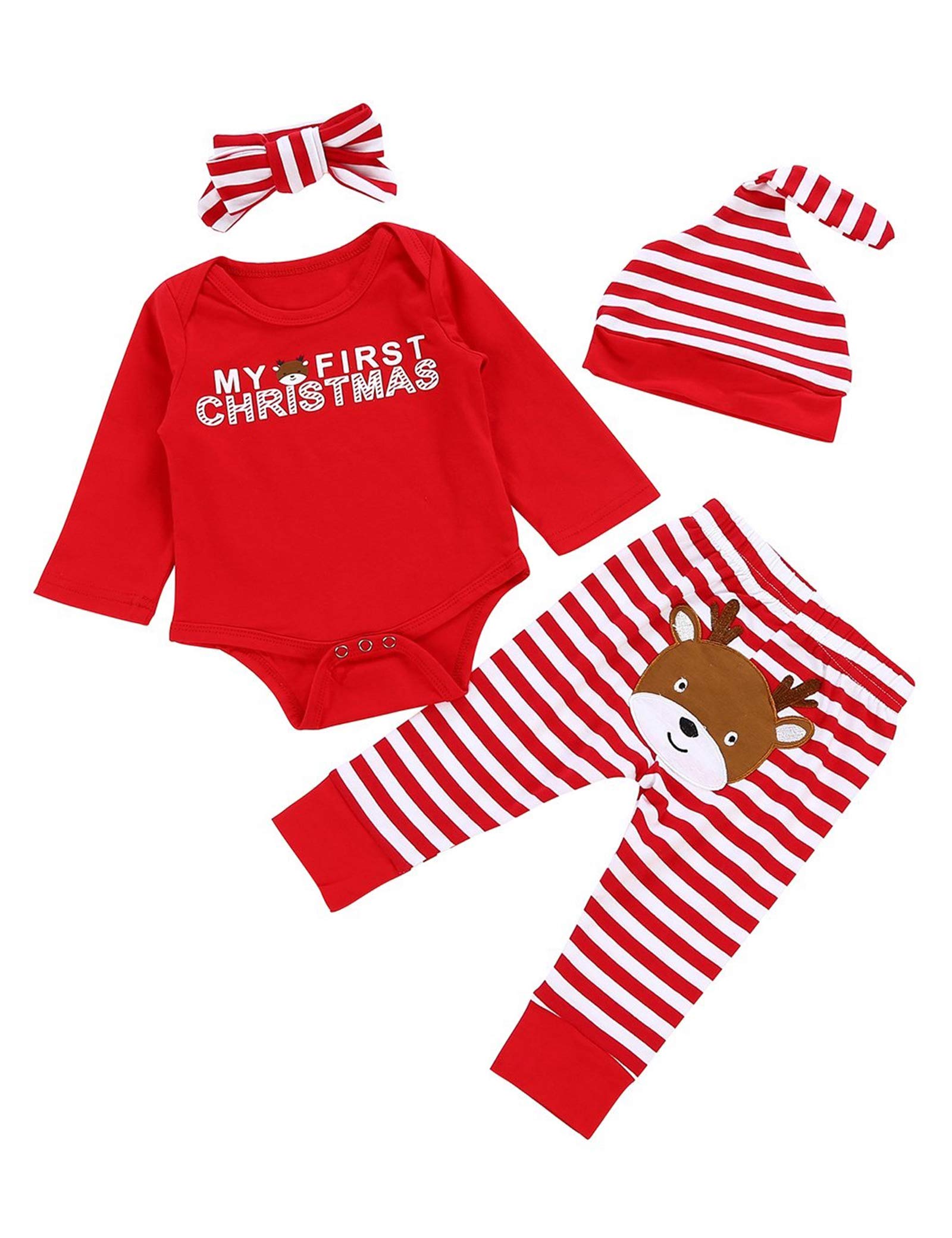 Von kilizo Baby Girl's and Baby Boy's My First Christmas Rompers Christmas 4Pcs Outfit Set (6-12 Months)