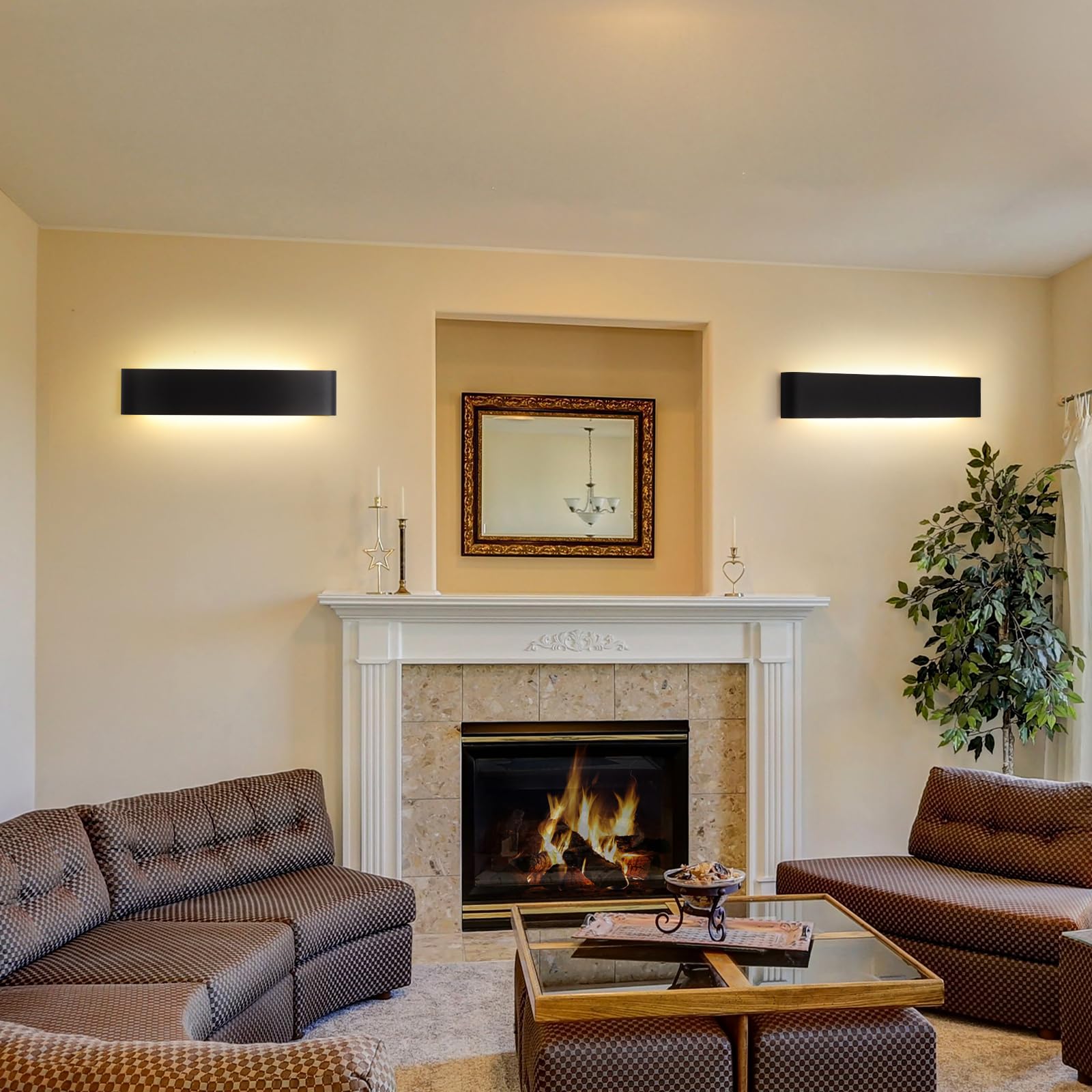 YCZM Applique da Parete Interno 24W,Lampada LED Parete Interni 3000K/4000K/6500K Temperature a tre colori opzionale,Applique LED da Parete Interno 38CM 2880LM,Lampada a Muro 2 Pezzi Nero