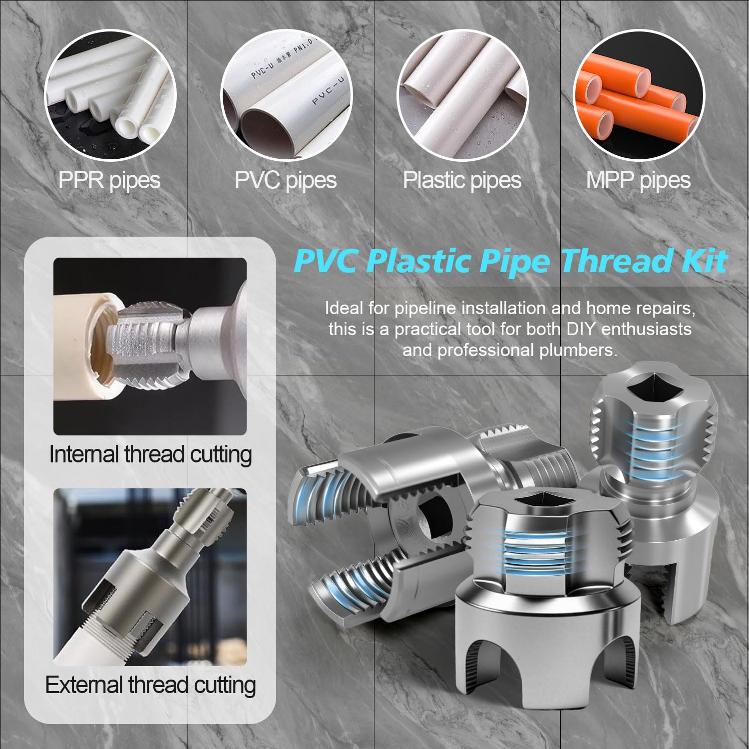 Kit de 3 Fileteuses PVC 1/2", 3/4", 1" -Outil pour Fileter les Tuyaux Intégré, Kit de Taraudage PVC 2-en-1, pour Tuyaux Plastique PPR/PVC/MPP -Installation et Réparations Domestiques