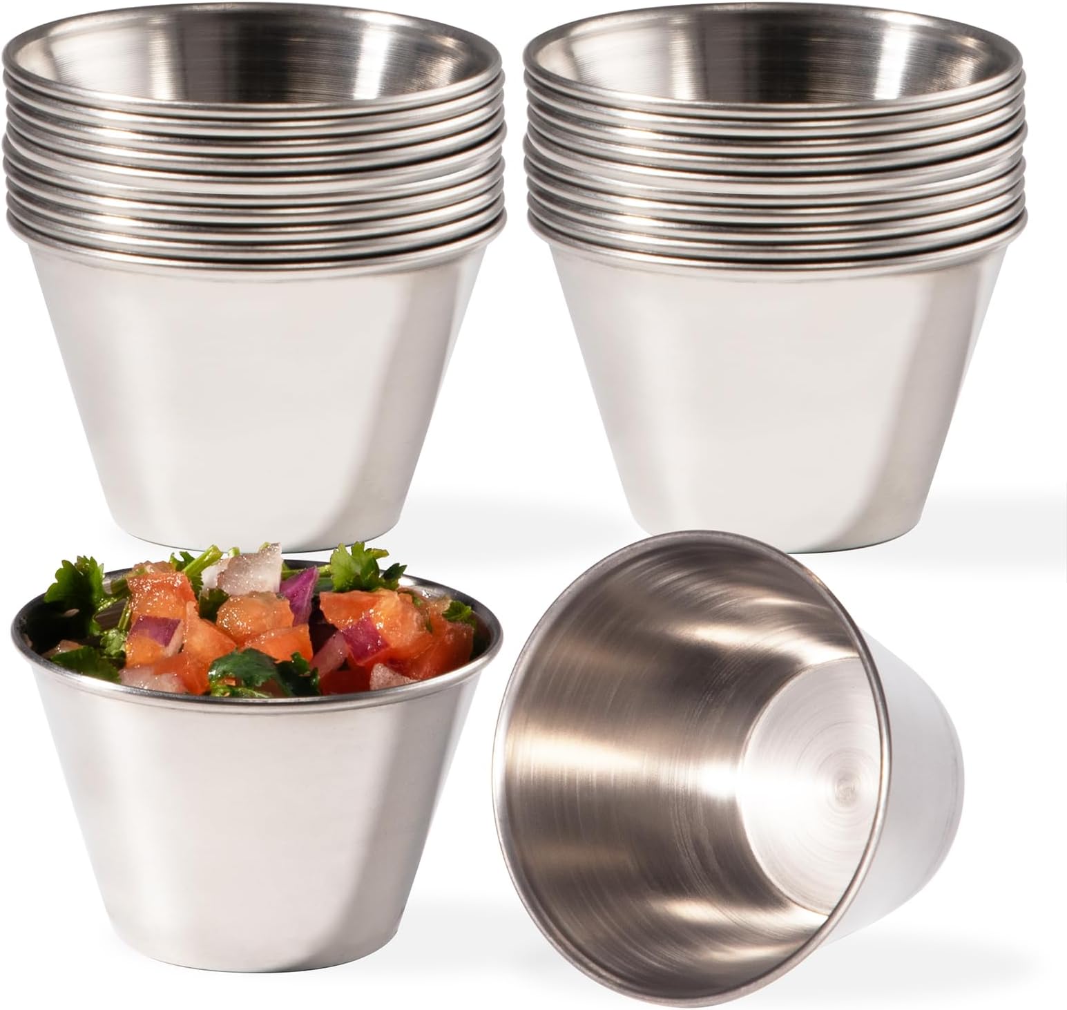 [24 Pack] Stainless Steel Sauce Cups - Individual Round Seasoning Ramekins Commercial Grade Safe/Portion Dipping Sauce Kitchen Set 4 oz Silver