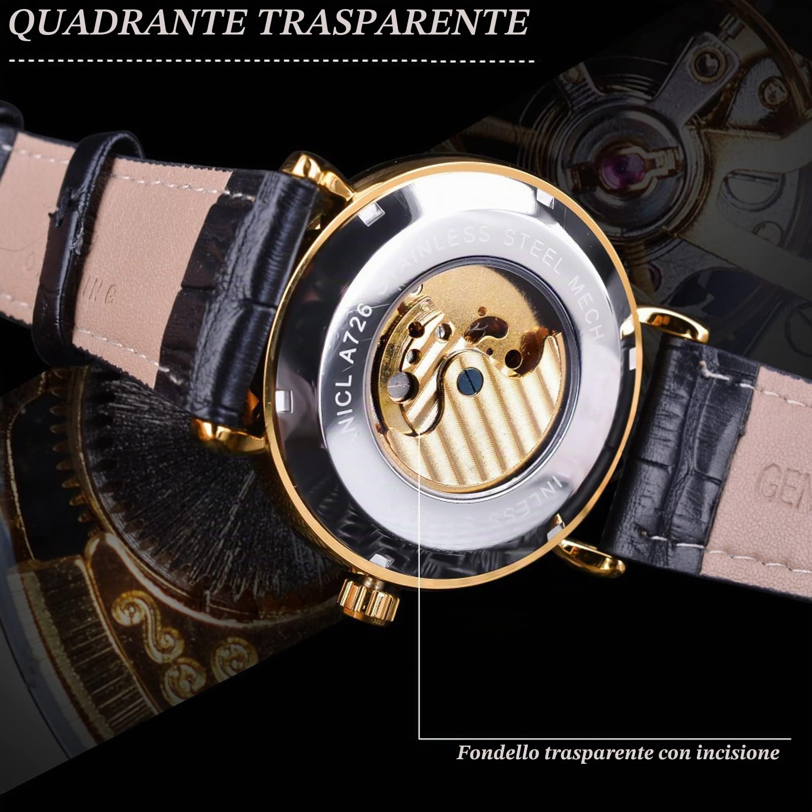 FORSINING Orologio da polso da uomo automatico a carica automatica, con cinturino in silicone nero, stile retrò, scheletro, fasi lunari, grande quadrante meccanico