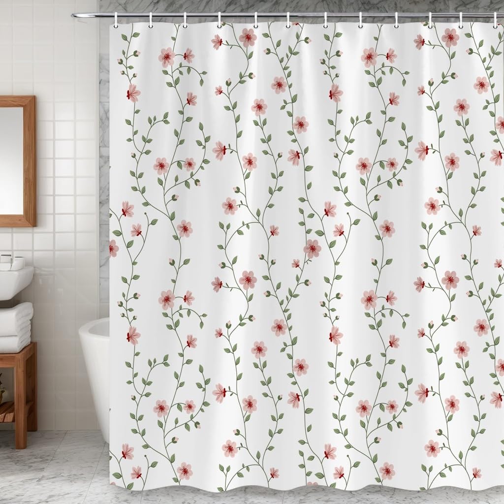 TOMOZ Pink Floral Shower Curtain, A Branch with Flowers and Leaves Shower Curtains for Bathroom, Botanical Green Ivy Fabric Bath Curtain with 12 Hooks 69 x 78Inch