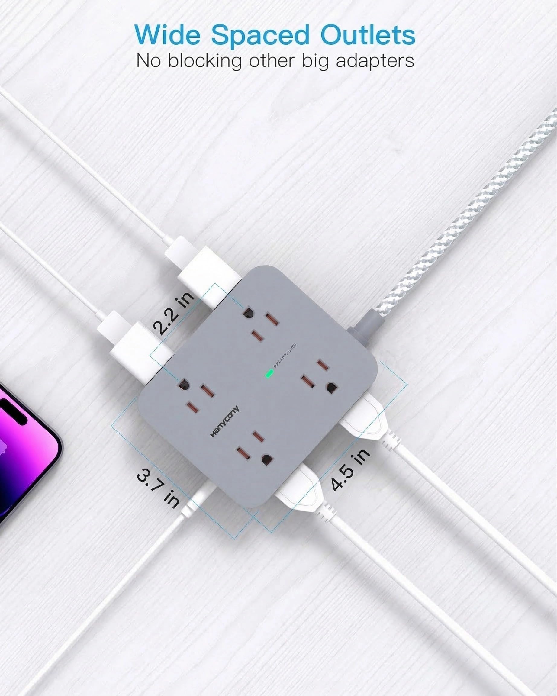 HANYCONY - 8 Steckdosen, 4 USB-Ladeanschlüsse (2 USB C), Mehrfachsteckdosenausgangsverlängerung, 5 Fuß geflochtenes Verlängerungskabel, Flachstecker zur Wandmontage, Ladestation
