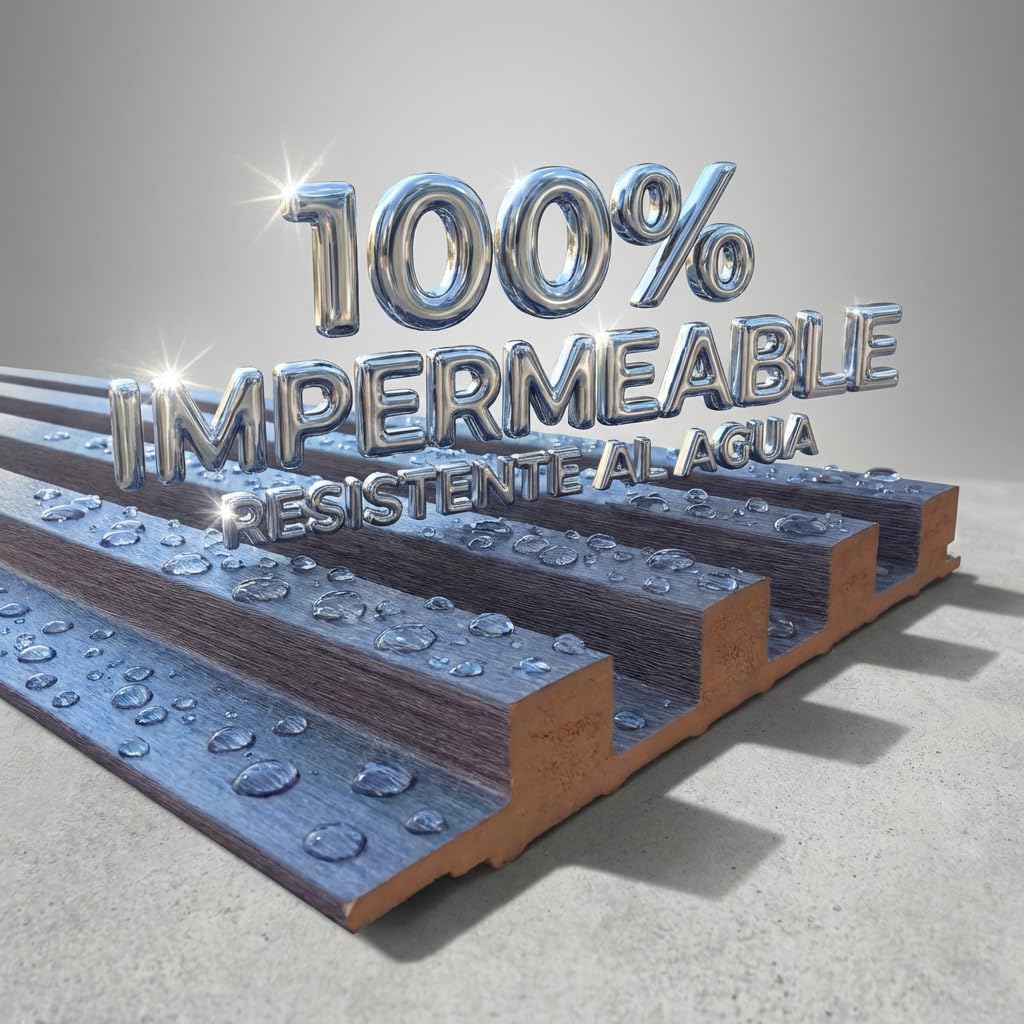 Revestimiento Pared Madera WPC Sólido - 6 Paneles Decorativos 3D Acanalados (130x15,8cm) - Listones Pared Interior Impermeable e Ignífugo - Roble Ahumado