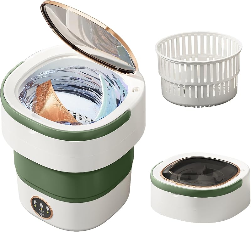 Lavadora portátil 20L — Pequeña Lavadora Plegable con Cesta Giratoria, 3 Modos de Limpieza Profunda — Mini Lavadora para Viajes, Dormitorios, Camping, Ideal para Ropa de Bebé, Ropa Interior, medias Verde