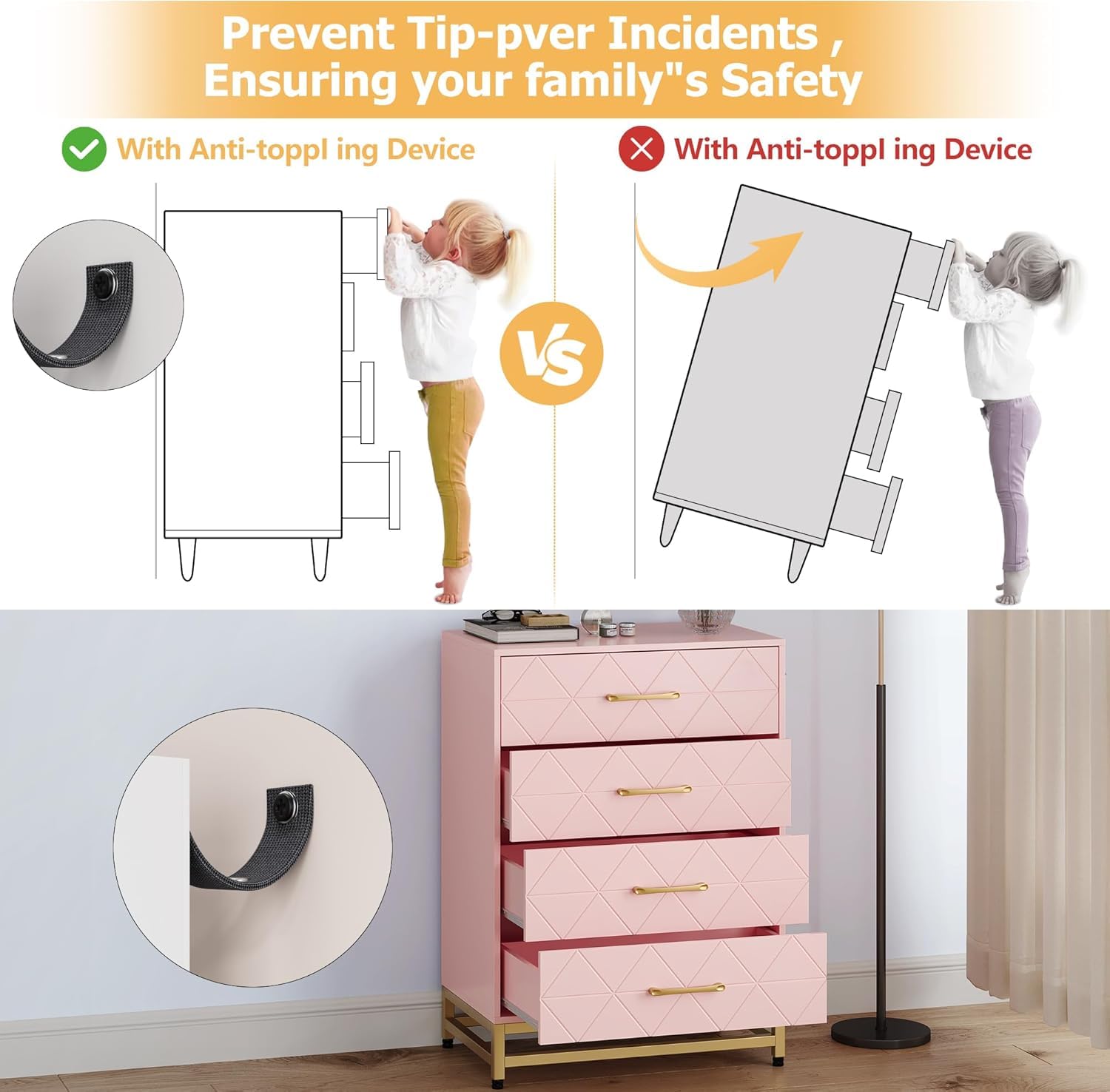 Garvee Commode à 4 Tiroirs pour Chambre, Commodes Modernes avec Tiroirs Larges et Poignées Métalliques, Commodes en Bois 61x40x93 cm (Rose)