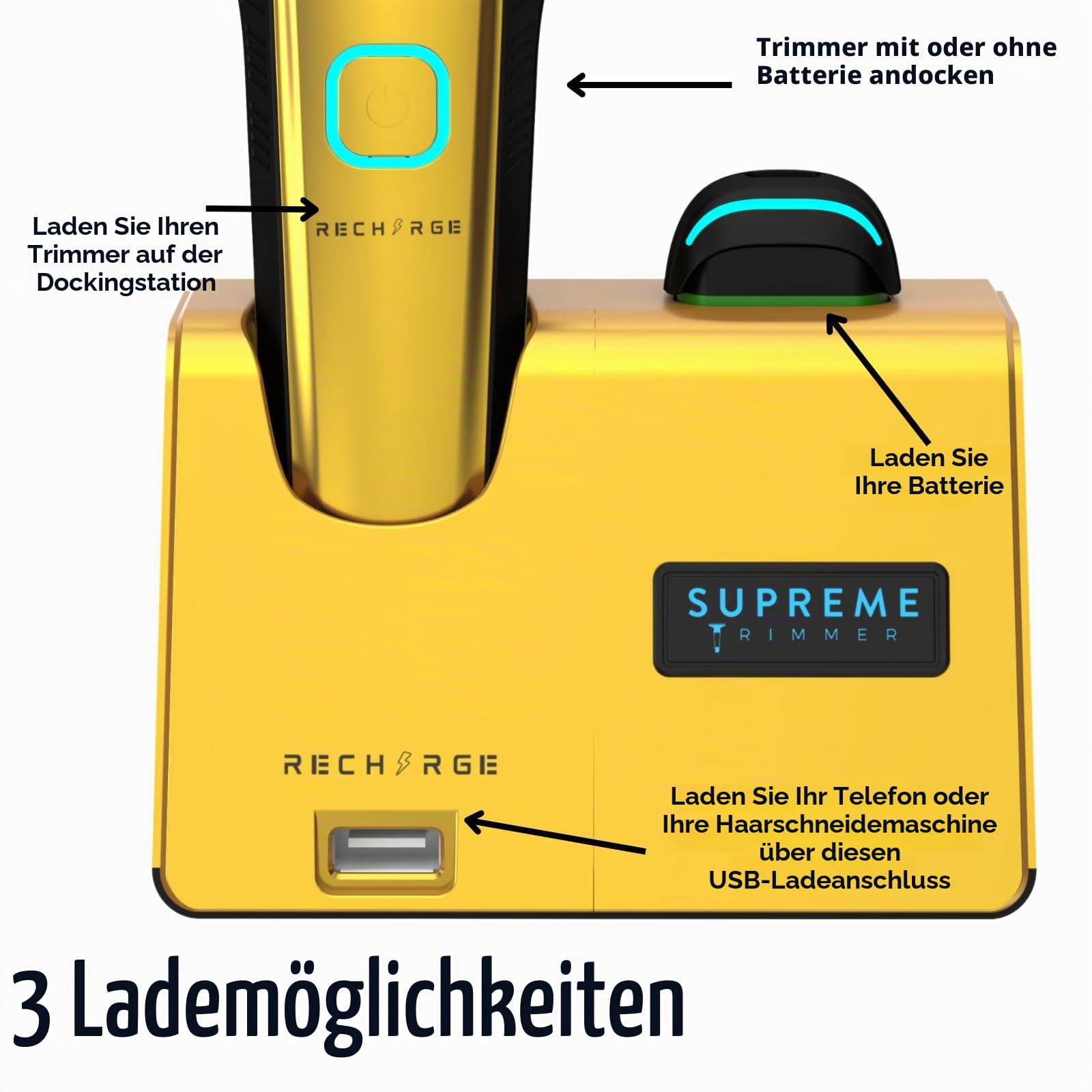 Supreme Trimmer Recharge ST777 – Professional Barber Trimmer with 2 Removable Batteries | 8000 RPM Motor, Smart Charging Dock, USB-C Fast Charge (Gold)