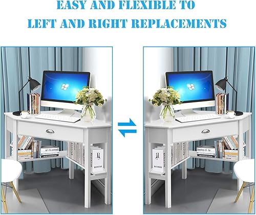 Miniatura 25 de Tangkula Escritorio esquinero, escritorio de esquina para computadora con cajón para espacio pequeño, escritorio de tocador de maquillaje de esquina