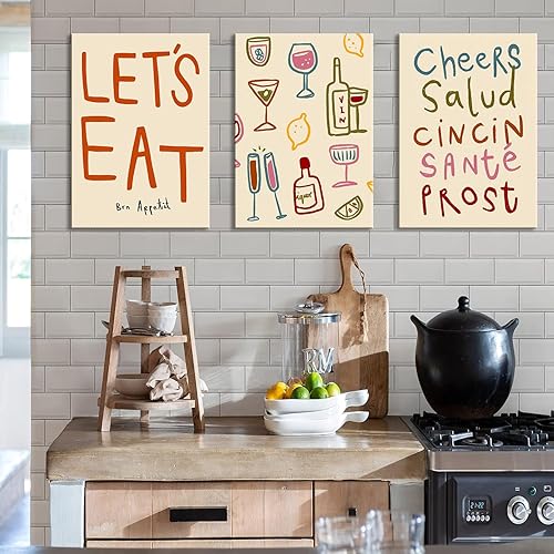 Miniatura 7 de GALWUJG Juego de 3 impresiones artísticas de pared para cocina, arte de pared con texto en inglés "Cheers" de colores, arte de pared estético de