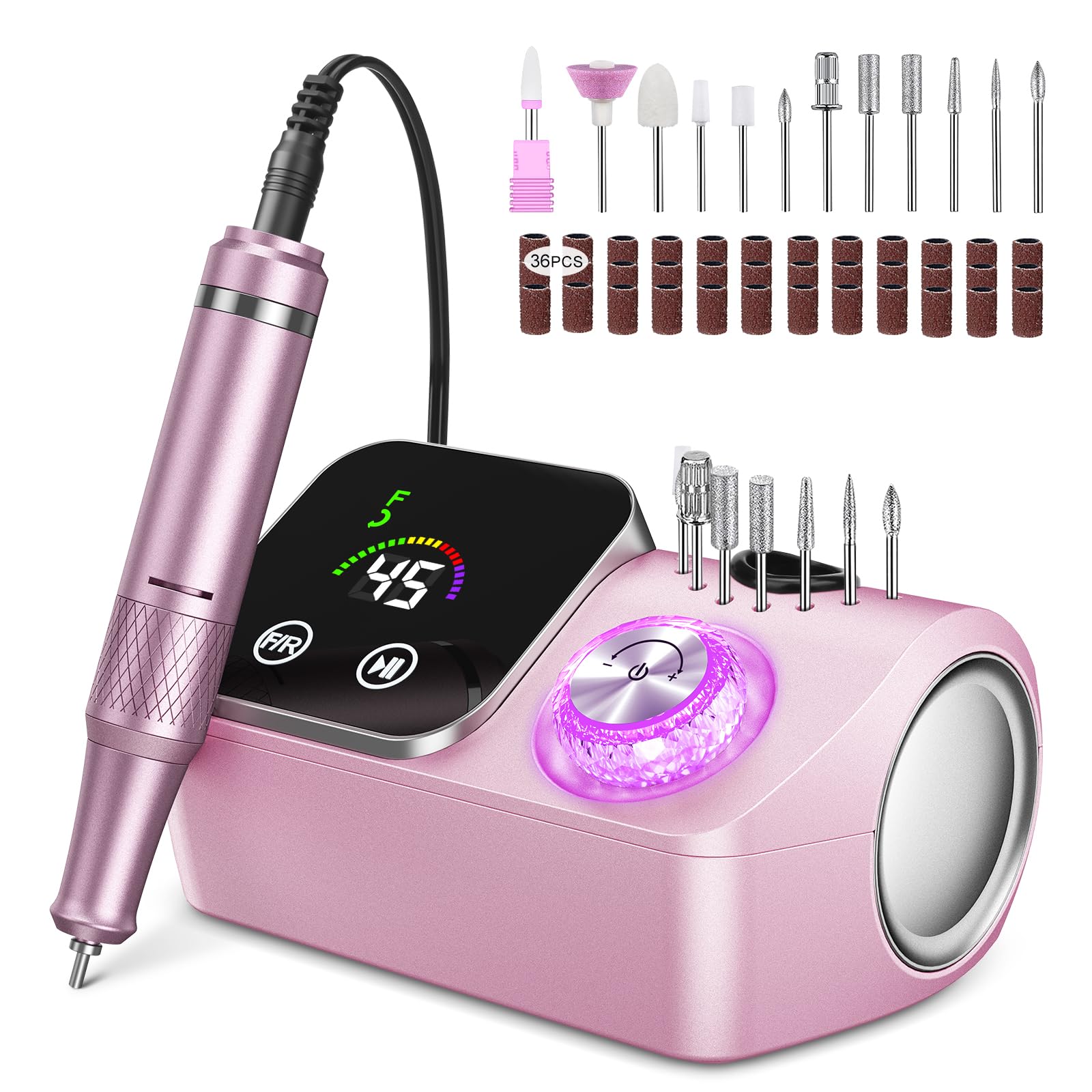 Torno para Uñas,Torno para Uñas Profesional 45000 RPM,12 12 Cabezales de Pulido, Pantalla táctil LCD,Perilla de cristal,Lima portátil para uñas acrílicas y de gel (Rosa claro)