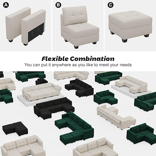 Miniatura 5 de Belffin Asiento de módulo medio de terciopelo para sofá modular, sofá seccional con almacenamiento sin brazos, color beige